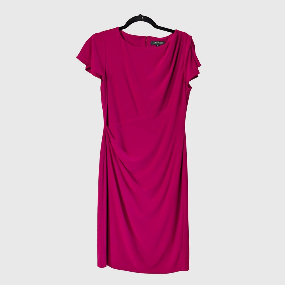 Lauren Ralph Lauren Pink Ruched Sheath Dress Size 10 Draped Cap Sleeve